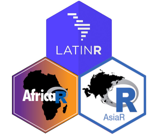 Hex logos of LatinR (a blue hex with "LATINR" and horizontal bars in approximate shape of Latin America in white), AfricaR (black chloropleth of Africa with "Africa" in white and R logo on top, with orange to purple gradient in background) and a temporary placeholder for AsiaR hex logo ("AsiaR" in red on white hex with red border)