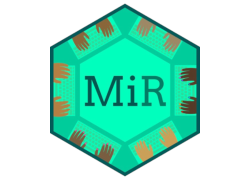 Minorities in R logo, "MiR" in the middle on a green background surrounded by hands of various skin colours typing on keyboards
