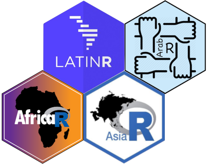 Hex logos of LatinR (a blue hex with "LATINR" and horizontal bars in approximate shape of Latin America in white), ArabR (four arms holding each others wrists forming a square with "Arab R" in the middle), AfricaR (black chloropleth of Africa with "Africa" in white and R logo on top, with orange to purple gradient in background) and AsiaR (black chloropleth of Asia with "Asia" underneath, overlaying the R logo")