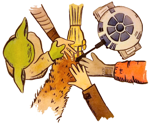 "Arms of the characters from Star Wars form a circle with their hands stacked in the middle as a sign of solidarity"