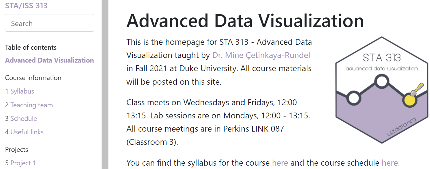 A screenshot of the homepage for STA 313 - Advanced Data Visualisation, with menu items Syllabus, Teaching Team, Schedule, Useful Links, Project 1