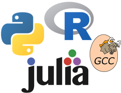 Logos for Python, R, Julia and gcc